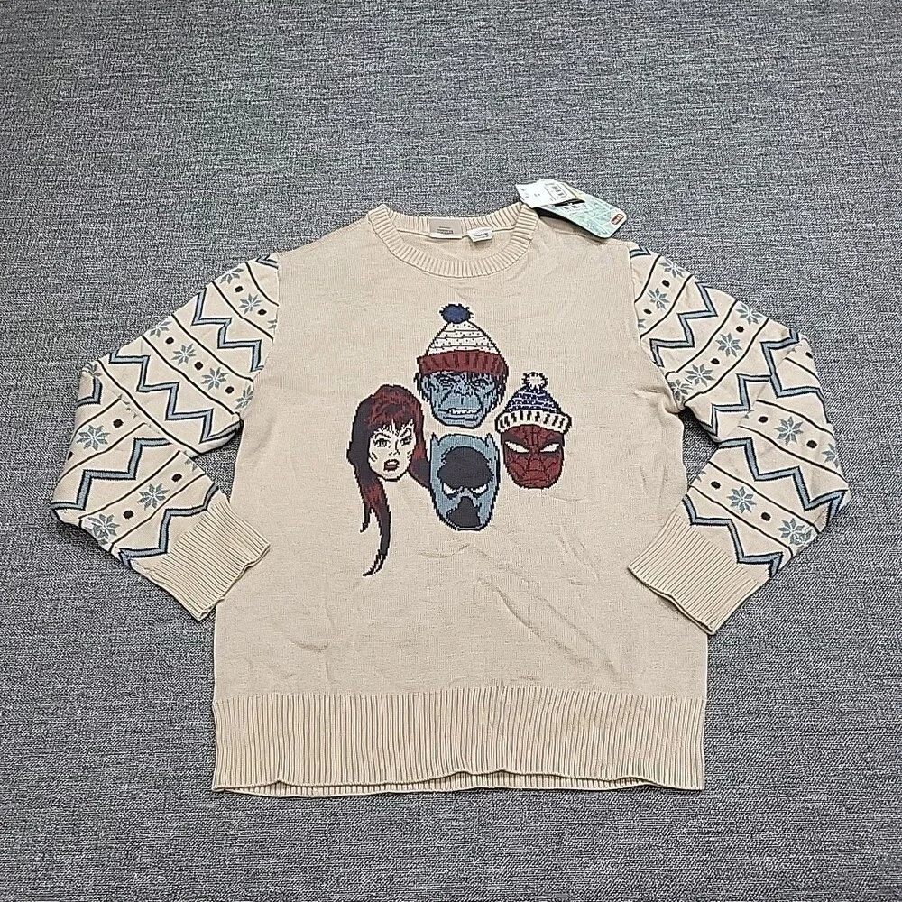 Boys Disney 100 Marvel Holiday Sweater - Beige Medium Size 8 Long Sleeves Top